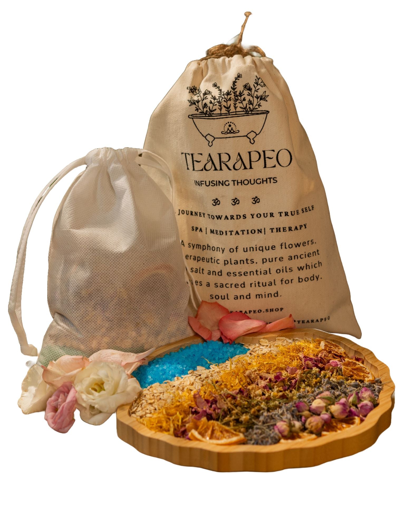 A serene bathtub featuring a natural cotton bag of herbal blend and a wooden tray full of dried herbs, ideal for a luxurious and relaxing bath or spa experience.