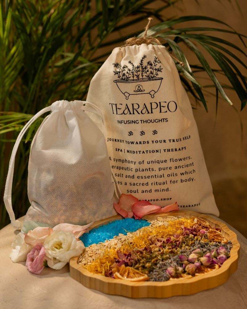 A tranquil spa atmosphere featuring Bath Tea Blend, emphasizing a soothing mix of plants for self-care bliss.